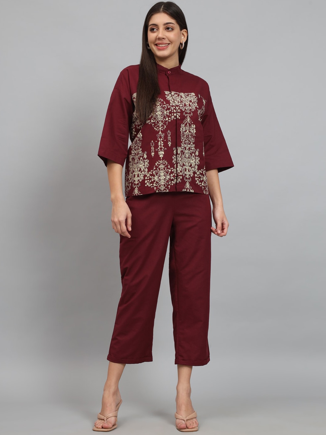 

NEWD Printed Pure Cotton Shirt With Trousers Co-Ords, Maroon