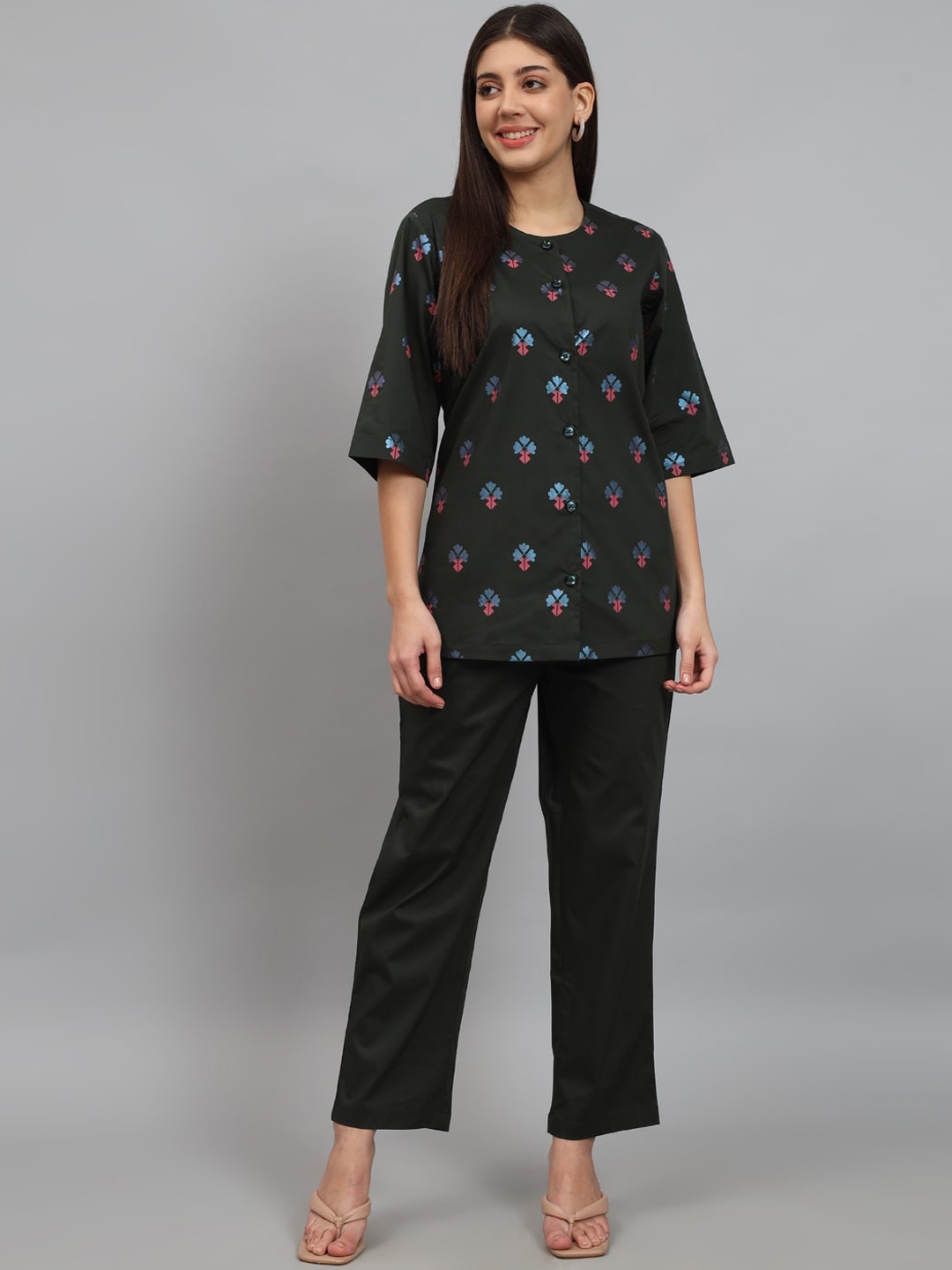 

NEWD Printed Pure Cotton Top With Trouser, Green