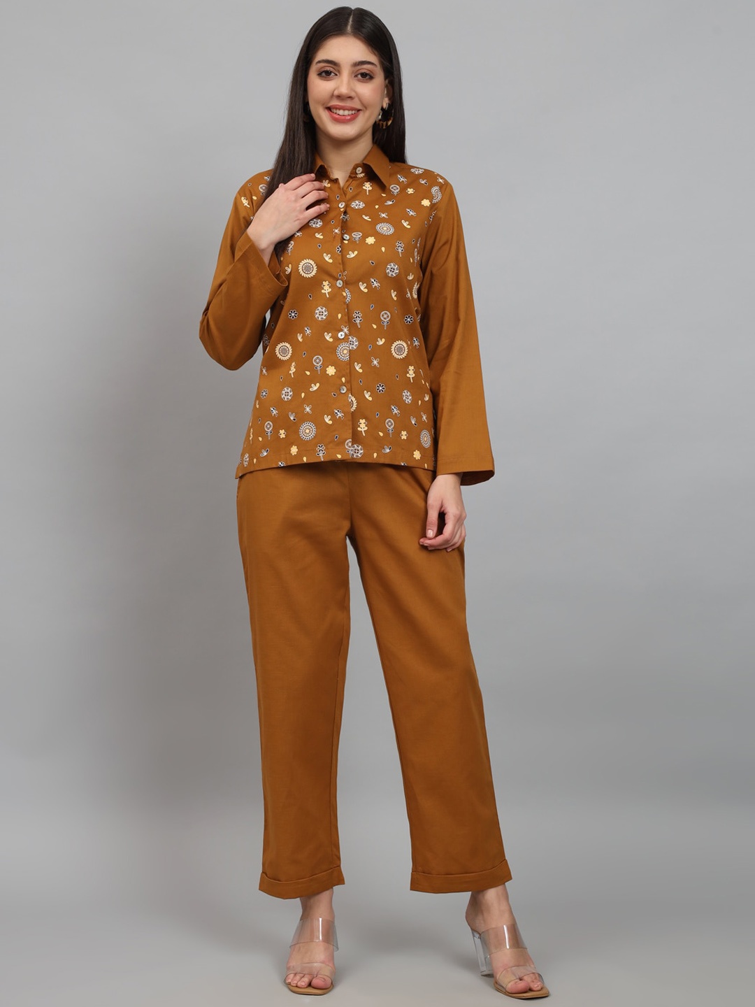 

NEWD Self Design Pure Cotton Shirt With Trousers Co-Ords, Mustard