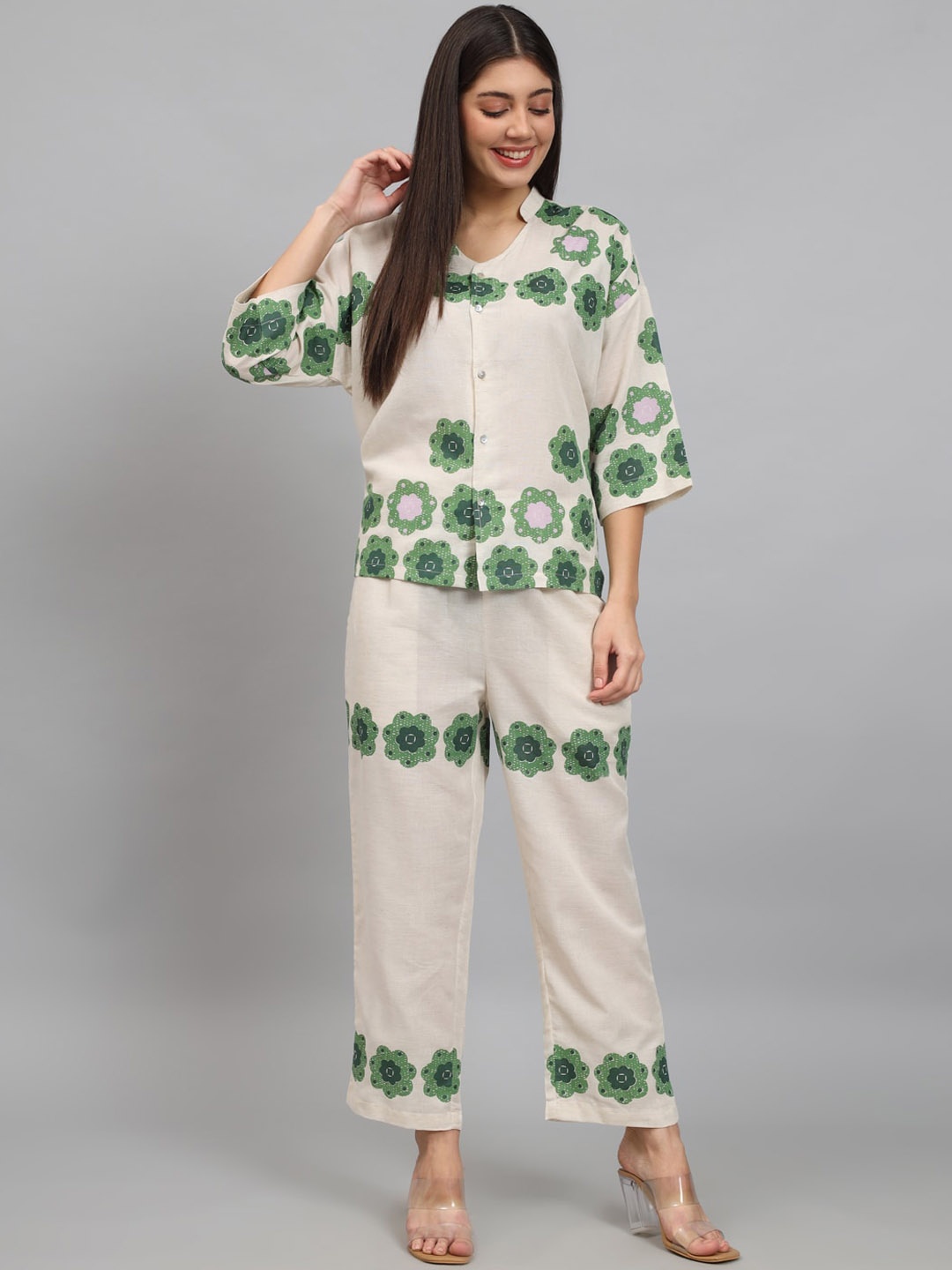 

NEWD Printed Pure Cotton Anti Fit Mandarin Collar Shirt & Flared Trousers, Cream
