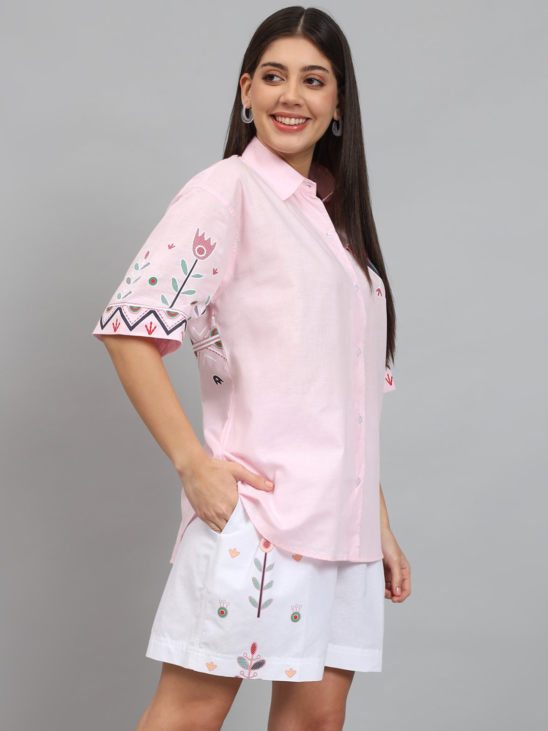 

NEWD Printed Pure Cotton Shirt & Flared Shots, Pink
