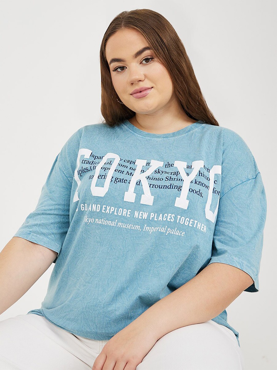 

Styli Plus Size Blue Oversized Acid Wash Tokyo Printed Cotton T-shirt