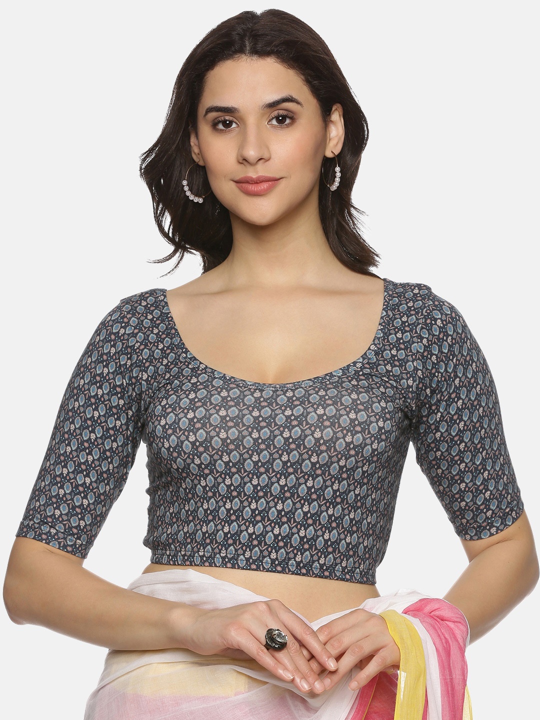 

NOT YET by us Printed Strechable Saree Blouse, Blue