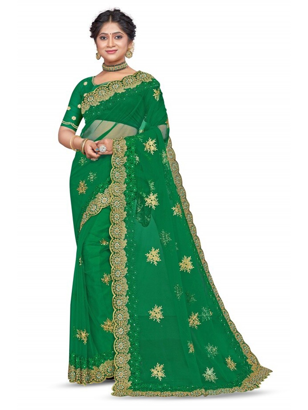 

KHRITI FAB Floral Embroidered Saree, Green