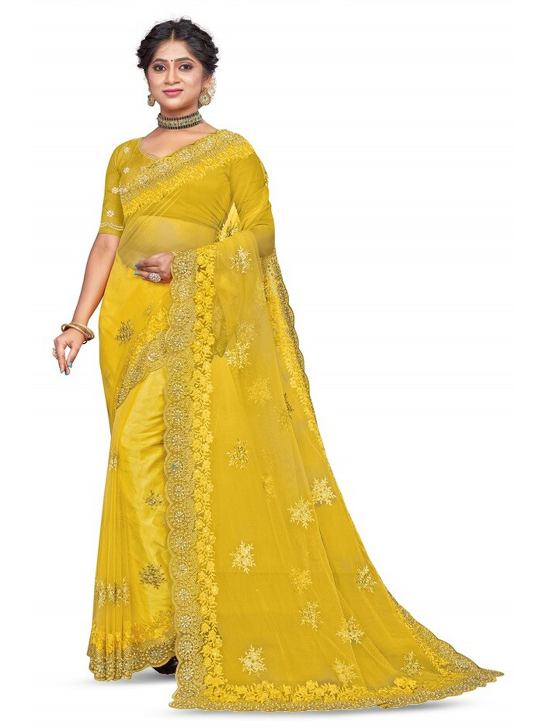 

KHRITI FAB Floral Embroidered Saree, Gold