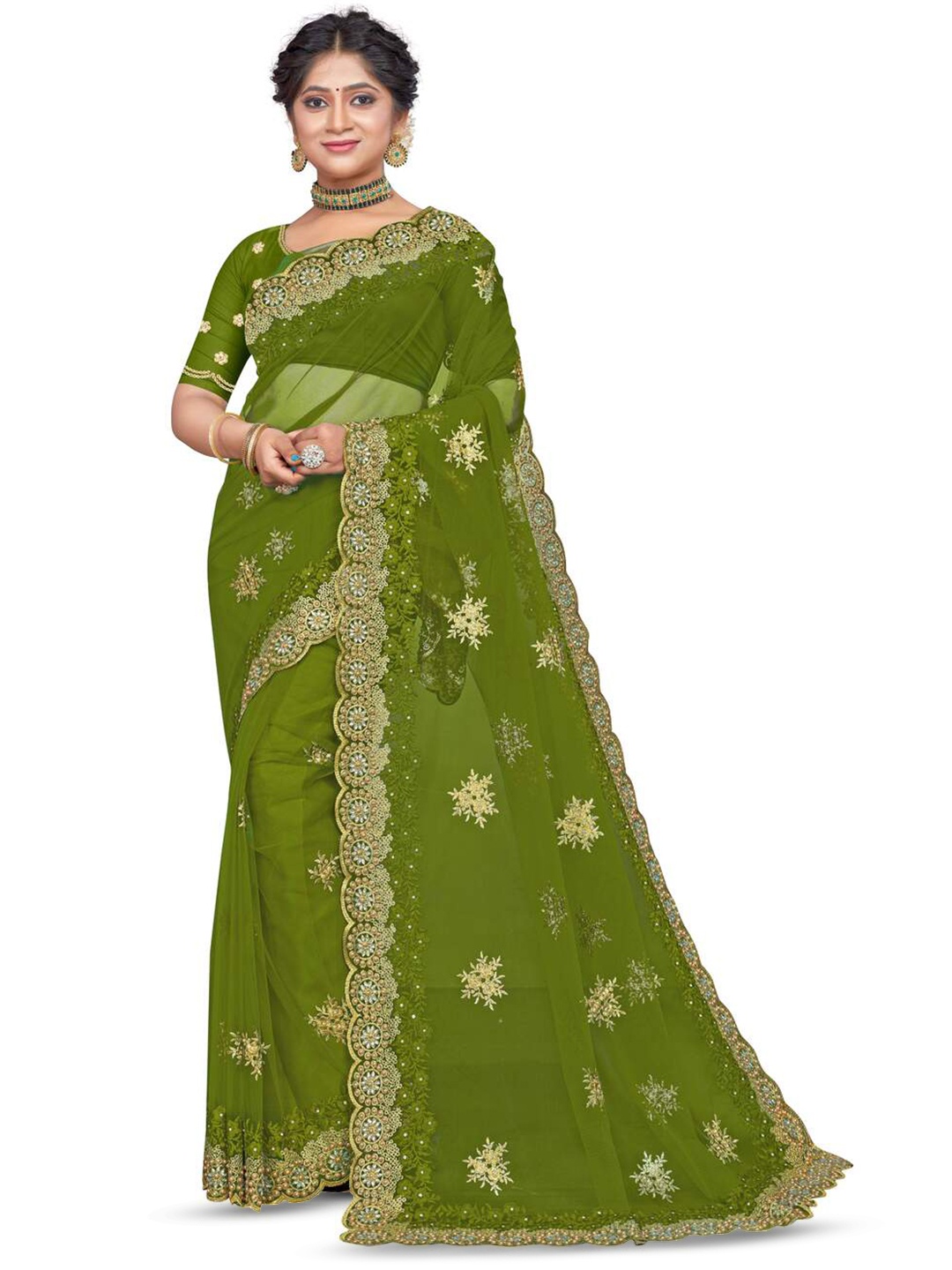 

KHRITI FAB Floral Embroidered Saree, Green