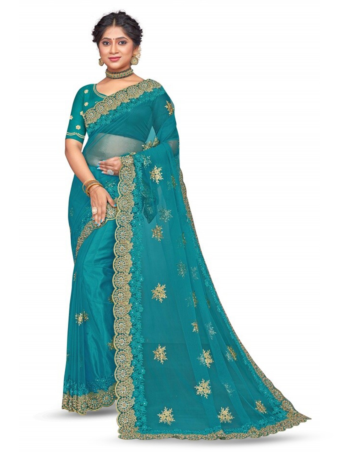 

KHRITI FAB Floral Embroidered Saree, Teal