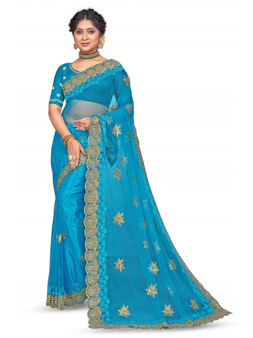 

KHRITI FAB Floral Embroidered Saree, Turquoise blue