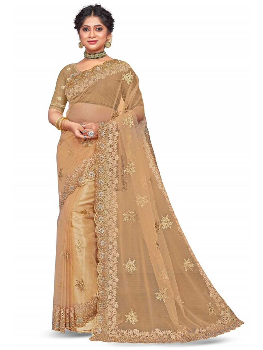 

KHRITI FAB Floral Embroidered Saree, Cream