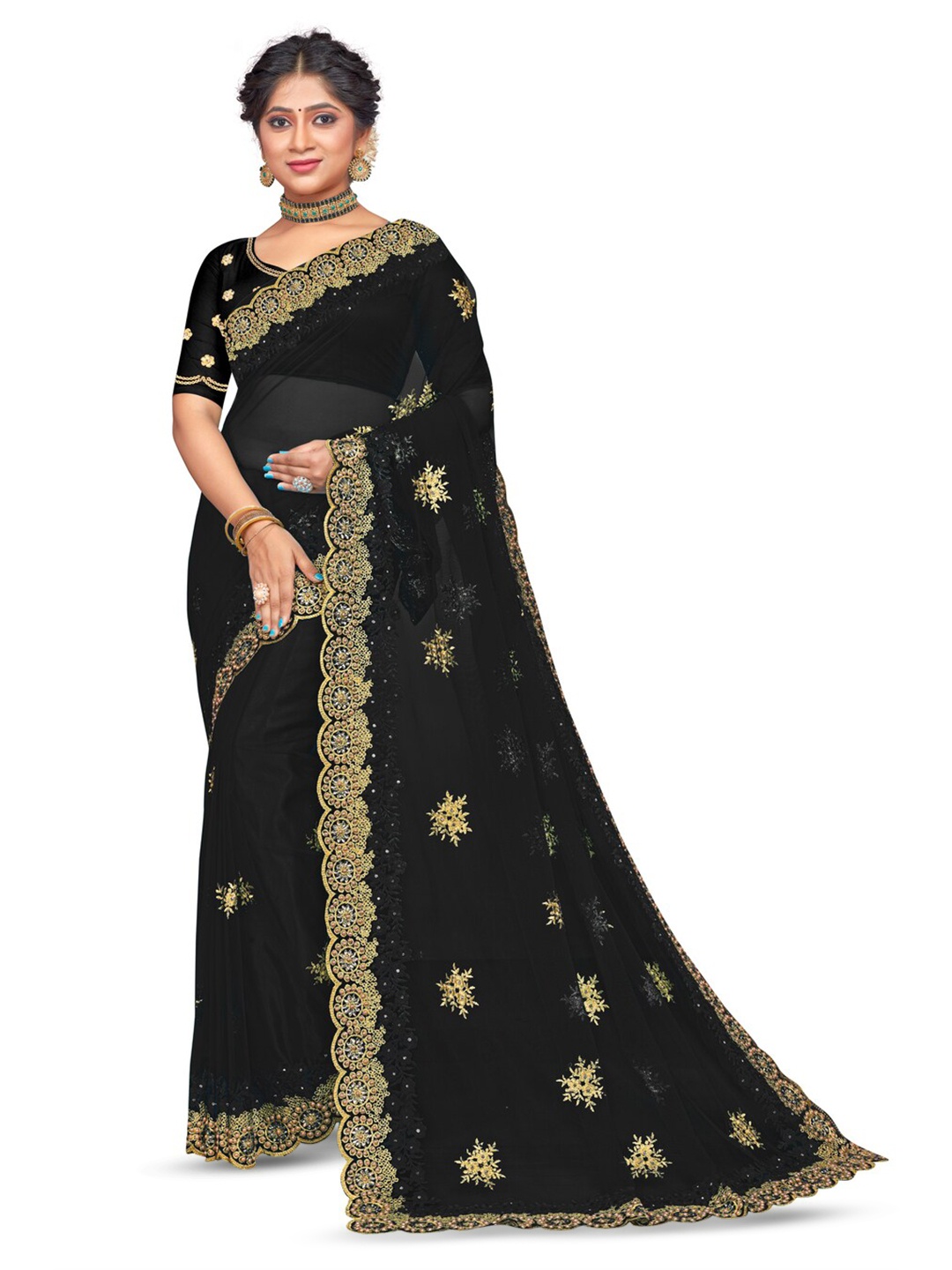 

KHRITI FAB Floral Embroidered Saree, Black