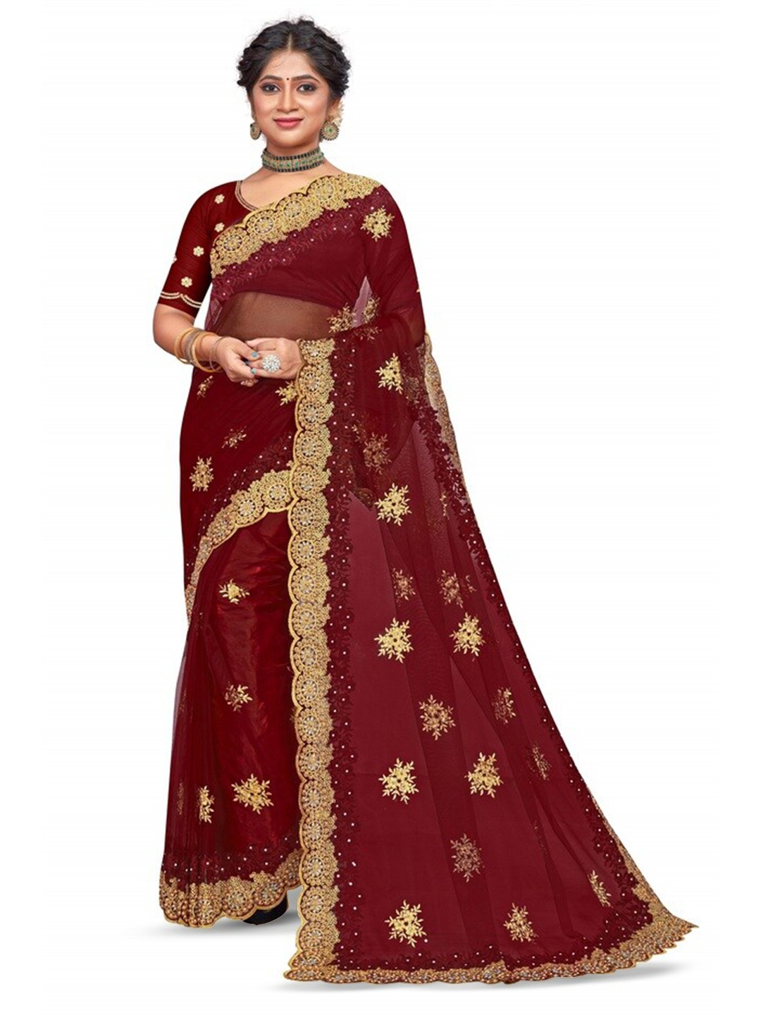 

KHRITI FAB Floral Embroidered Saree, Brown