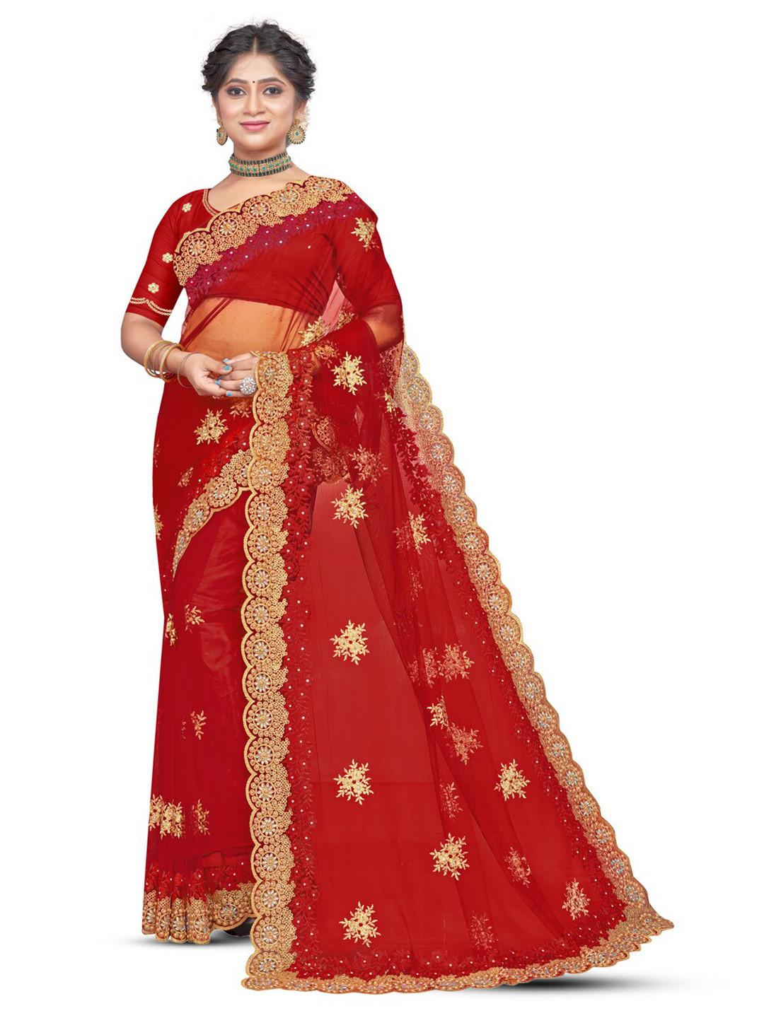 

KHRITI FAB Floral Embroidered Saree, Red