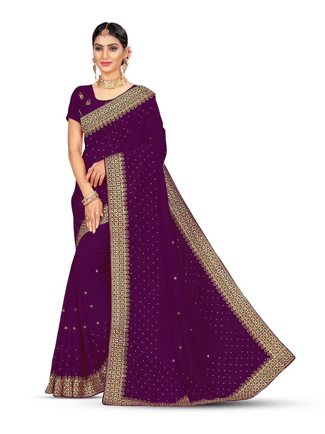 

KALINI Ethnic Motifs Embroidered Taant Saree, Purple
