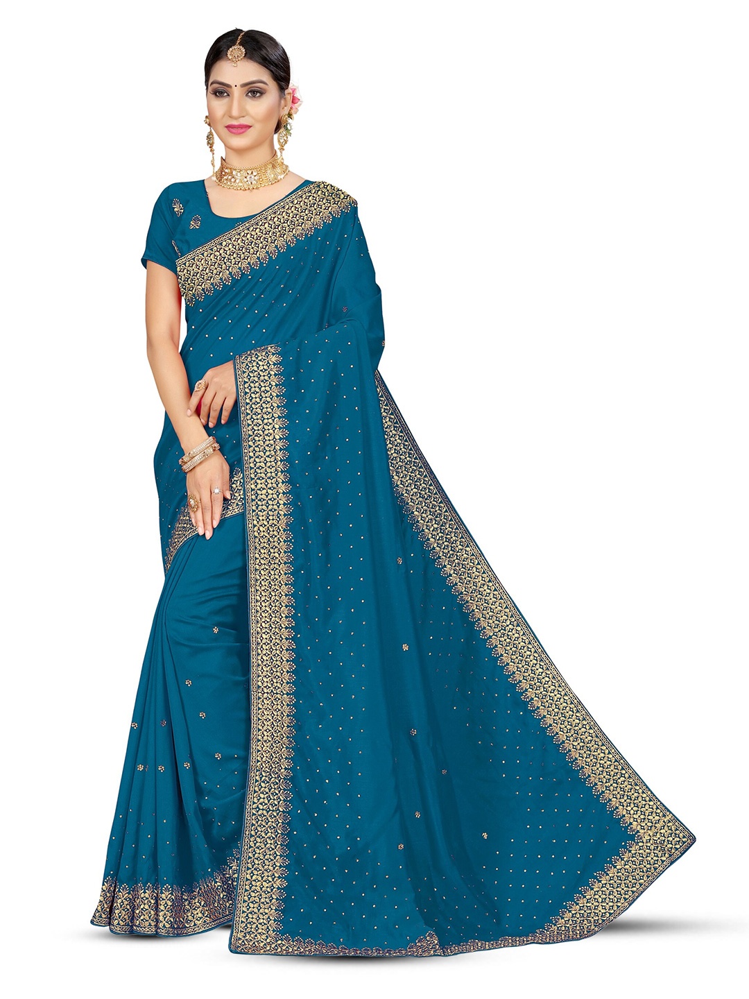 

KALINI Floral Beads and Stones Taant Saree, Turquoise blue