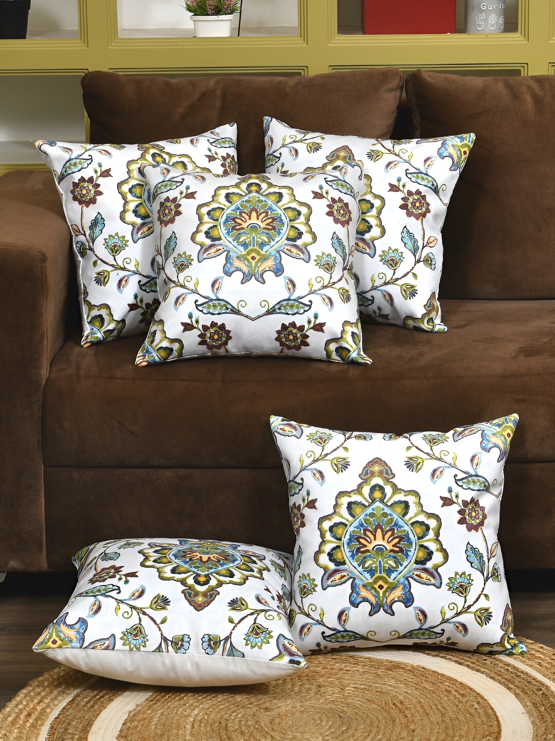 

Clasiko Green & White 5 Pcs Floral Velvet Square Cushion Covers