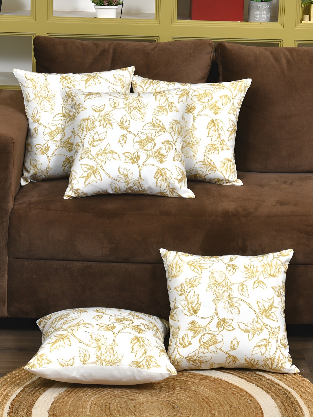 

Clasiko White & Yellow 5 Pcs Floral Square Cushion Covers