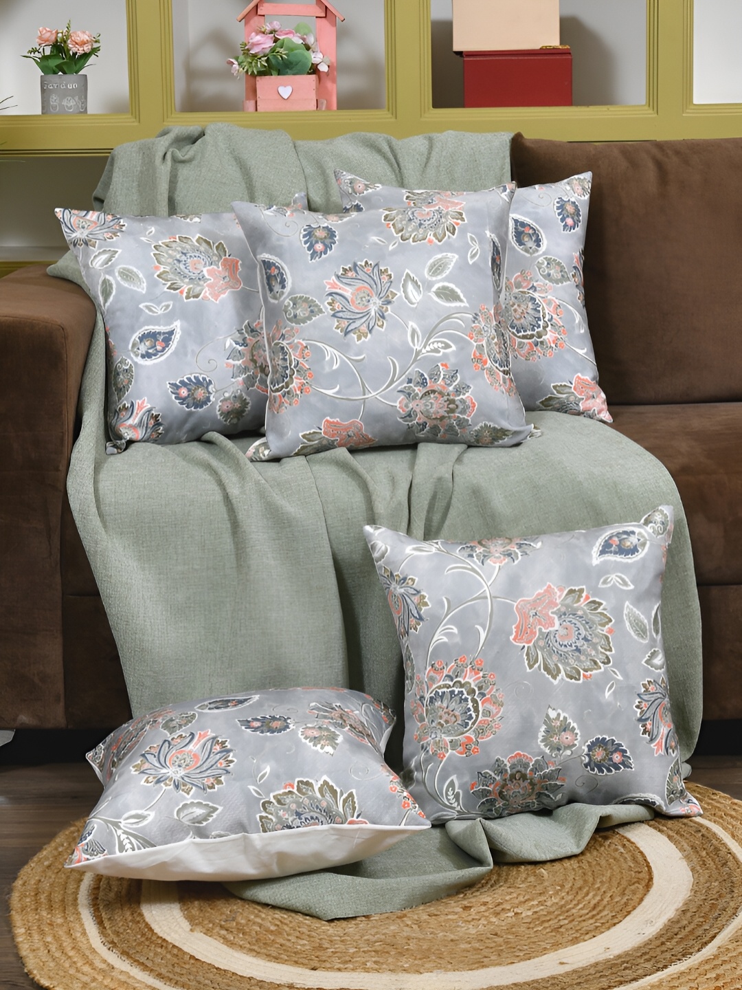 

Clasiko Grey & Green 5 Pcs Floral Square Cushion Covers