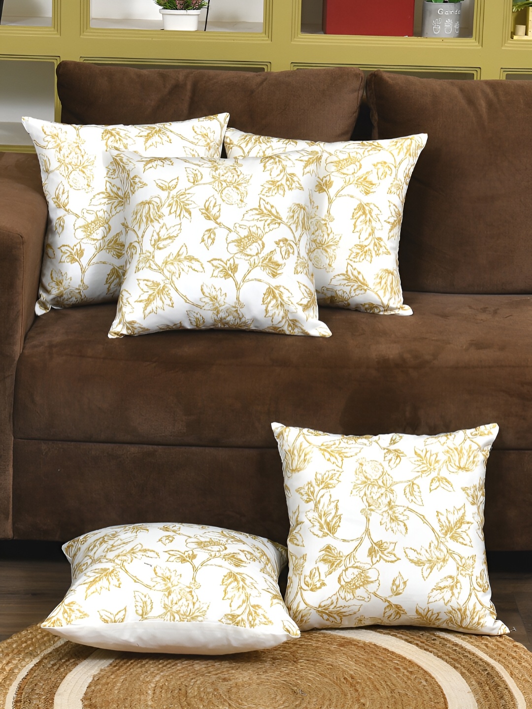 

Clasiko White & Yellow 5 Pieces Floral Printed Cotton Square Cushion Covers