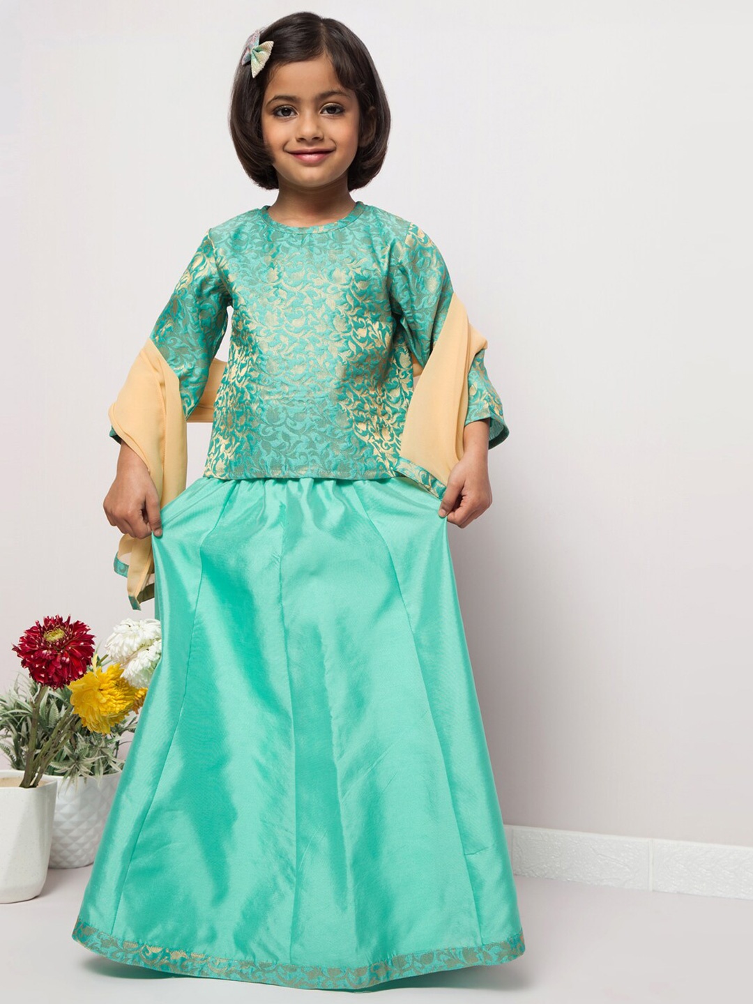 

MUSHKIYA Girls Round Neck Long Sleeves Top with Skirt & Dupatta, Blue