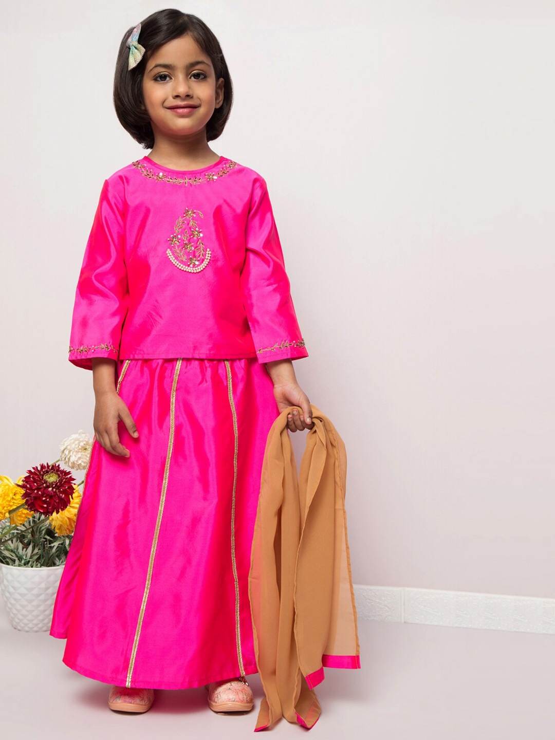 

MUSHKIYA Girls Round Neck Long Sleeves Top with Skirt & Dupatta, Magenta