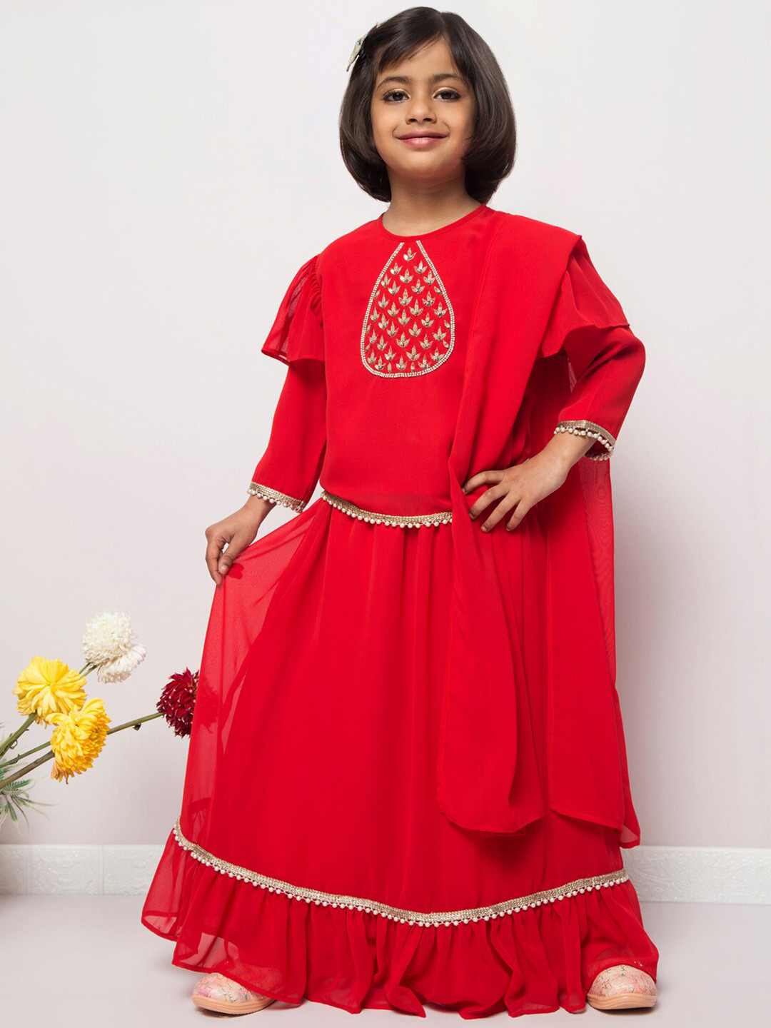 

MUSHKIYA Girls Round Neck Long Sleeves Top with Skirt & Dupatta, Red