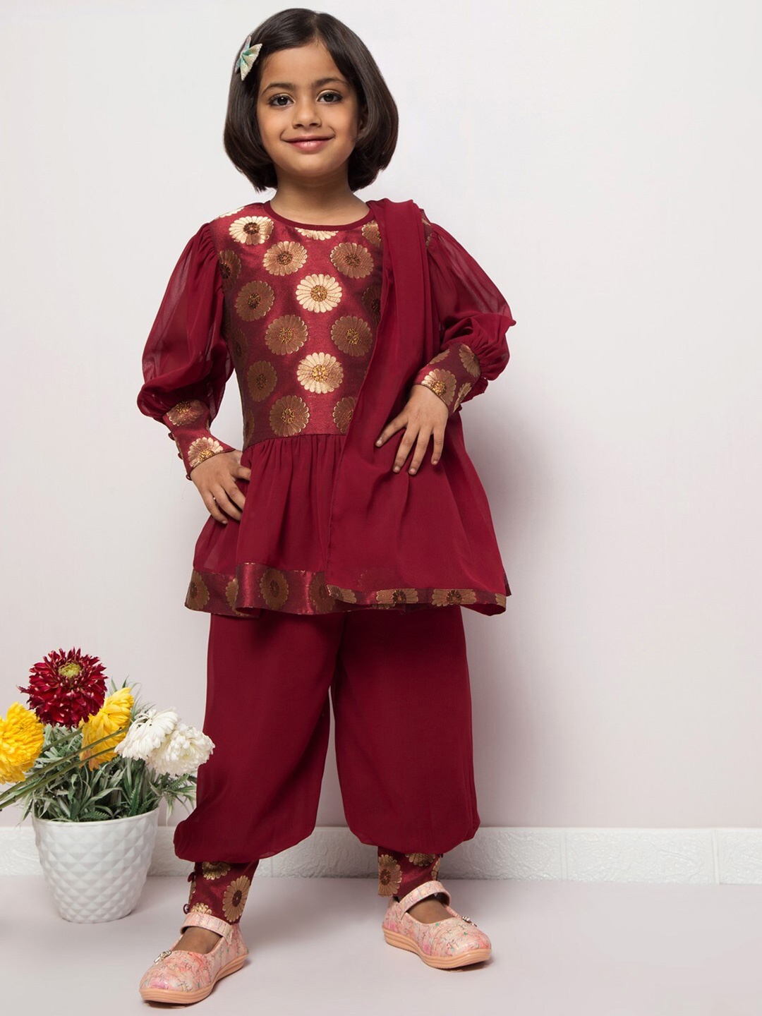 

MUSHKIYA Girls Round Neck Long Sleeves Top with Trouser with Dupatta, Maroon