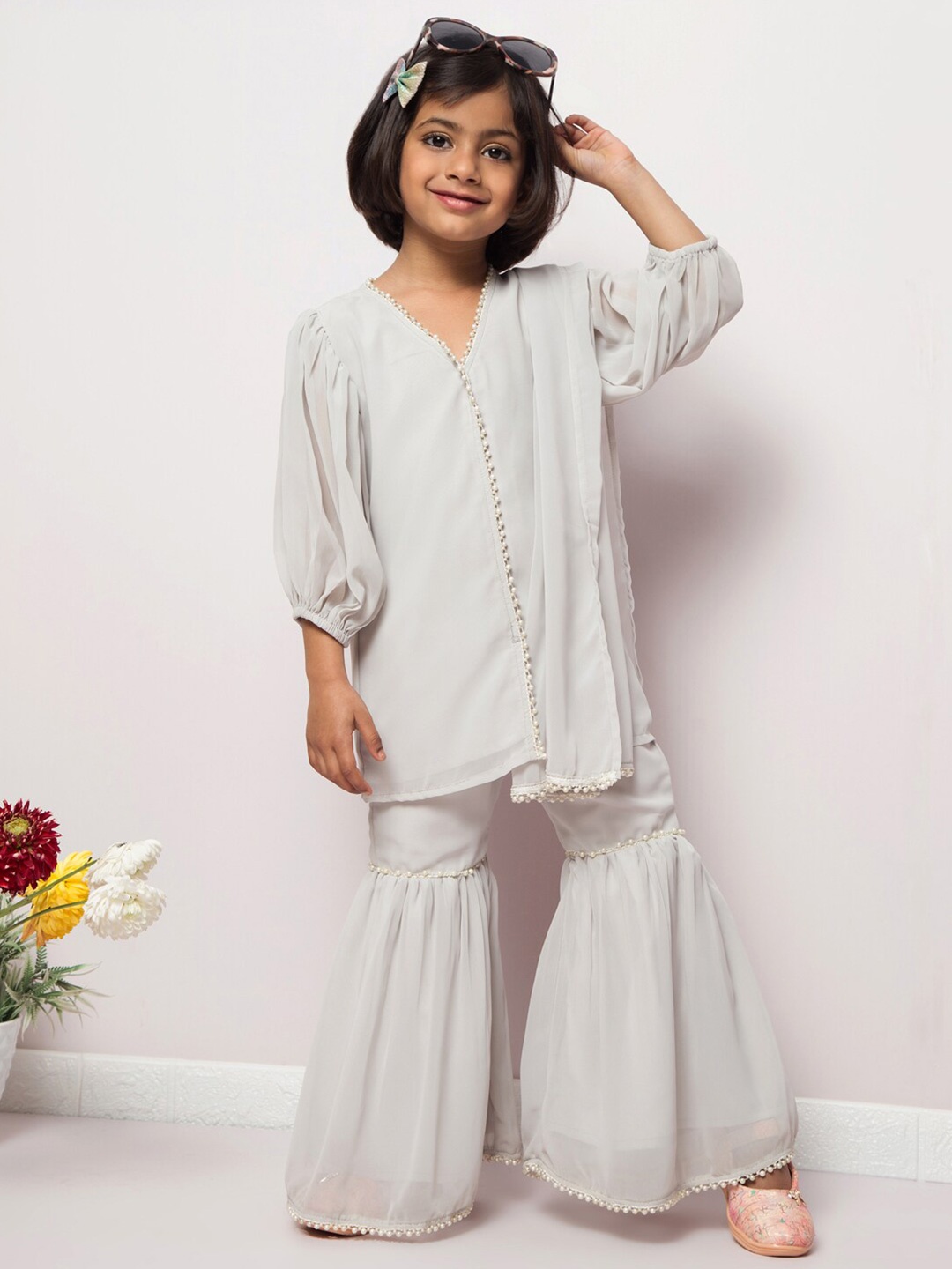 

MUSHKIYA Girls V Neck Top with Sharara & Dupatta, Grey