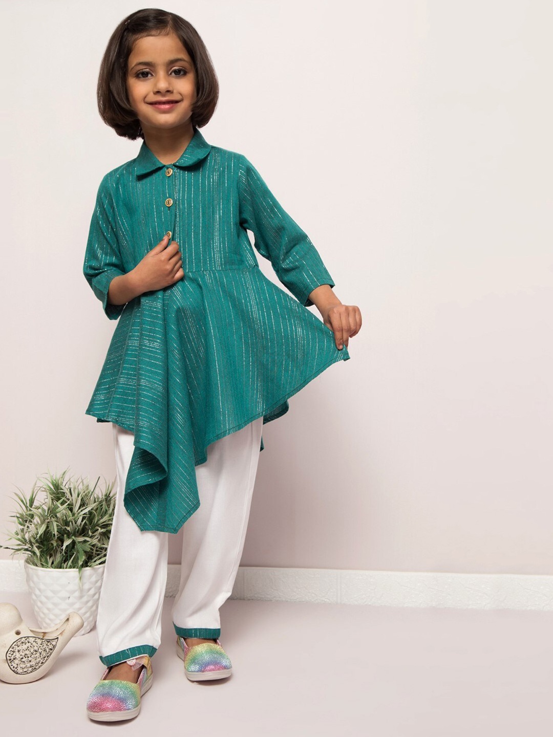

MUSHKIYA Girls Shirt Collar Long Sleeves Top with Pyjamas, Green