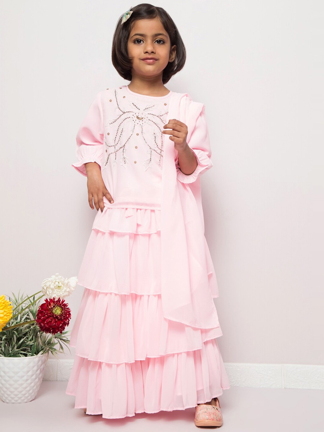 

MUSHKIYA Girls Round Neck Top with Skirt, Pink