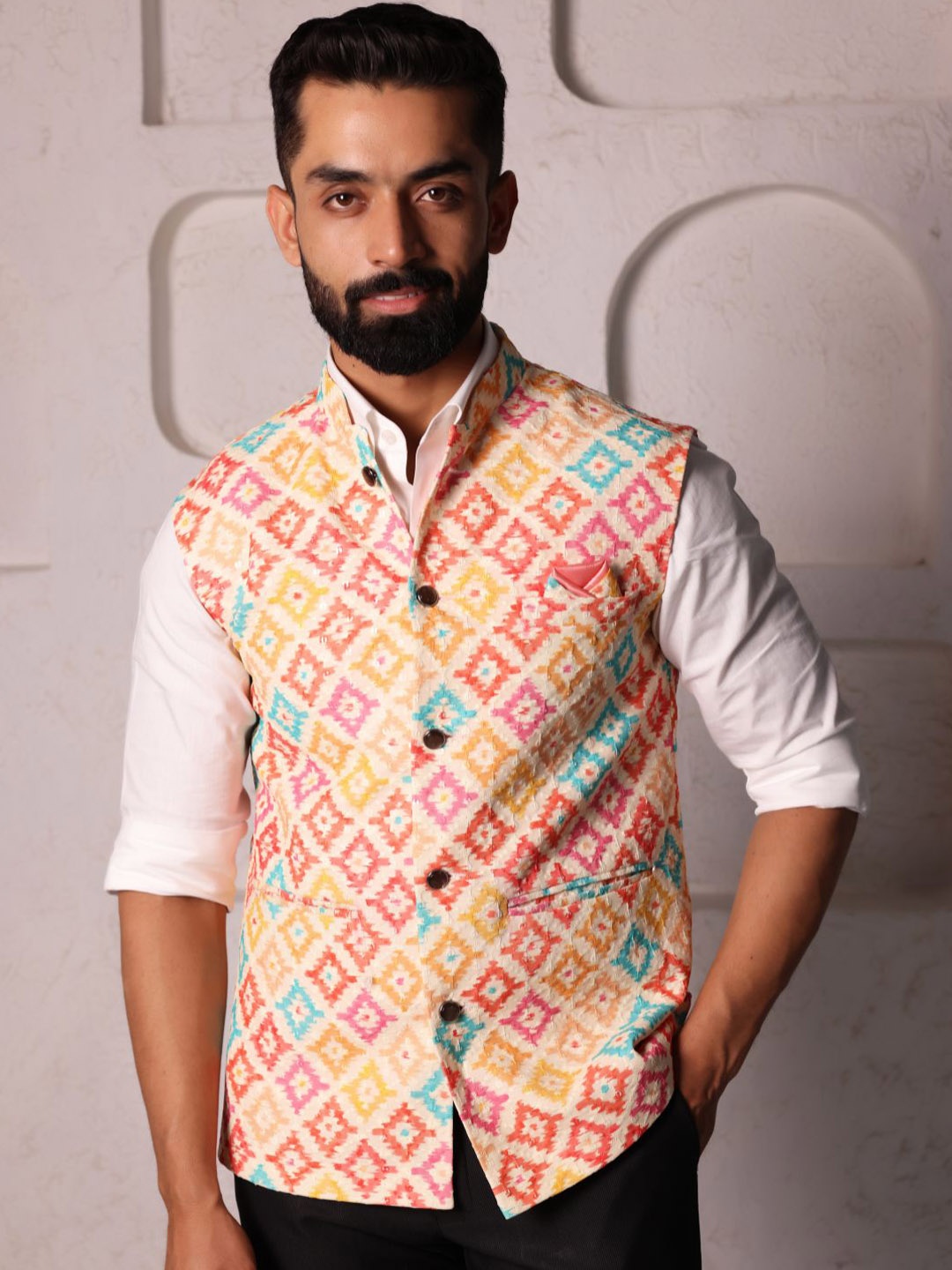 

Lightpole Ethnic Motifs Embroidered Pure Cotton Nehru Jackets, Pink