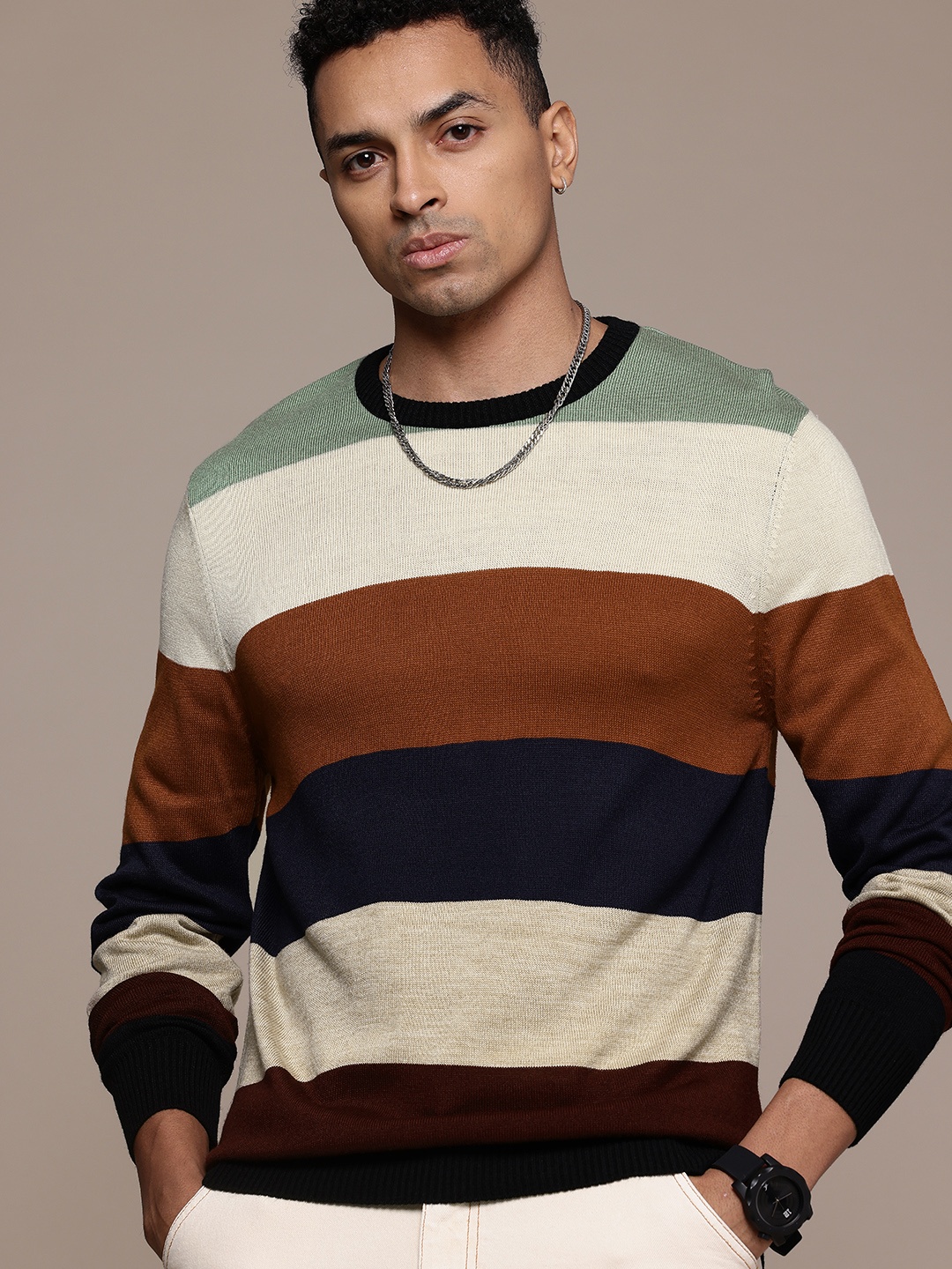 

Roadster Men Striped Acrylic Pullover, Brown