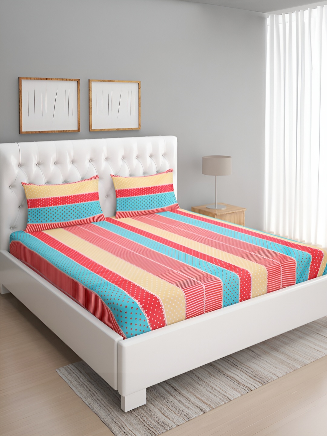 

ROMEE Red & Yellow Striped 186 TC Queen Bedsheet With 2 Pillow Covers