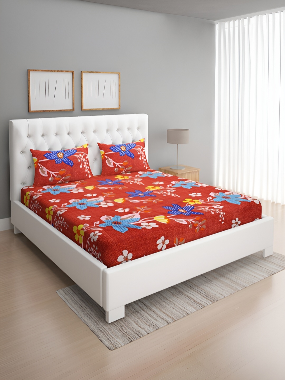 

ROMEE Red & Blue Floral Printed 144 TC Queen Bedsheet With 2 Pillow Covers