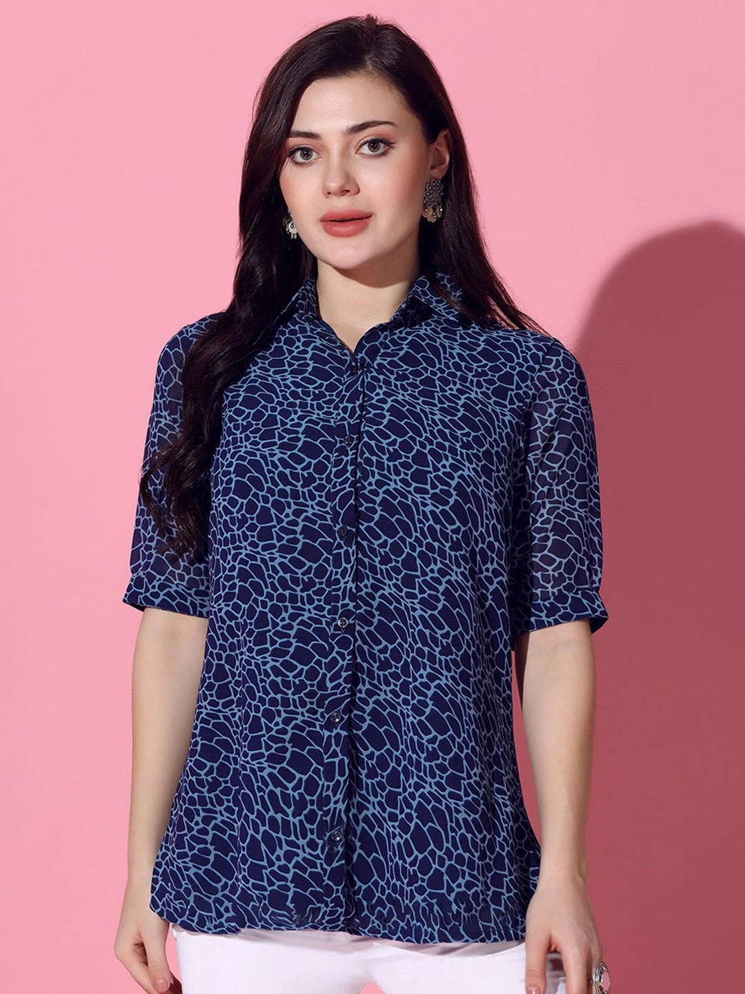

FASHION DREAM Floral Print Georgette Shirt Style Top, Blue
