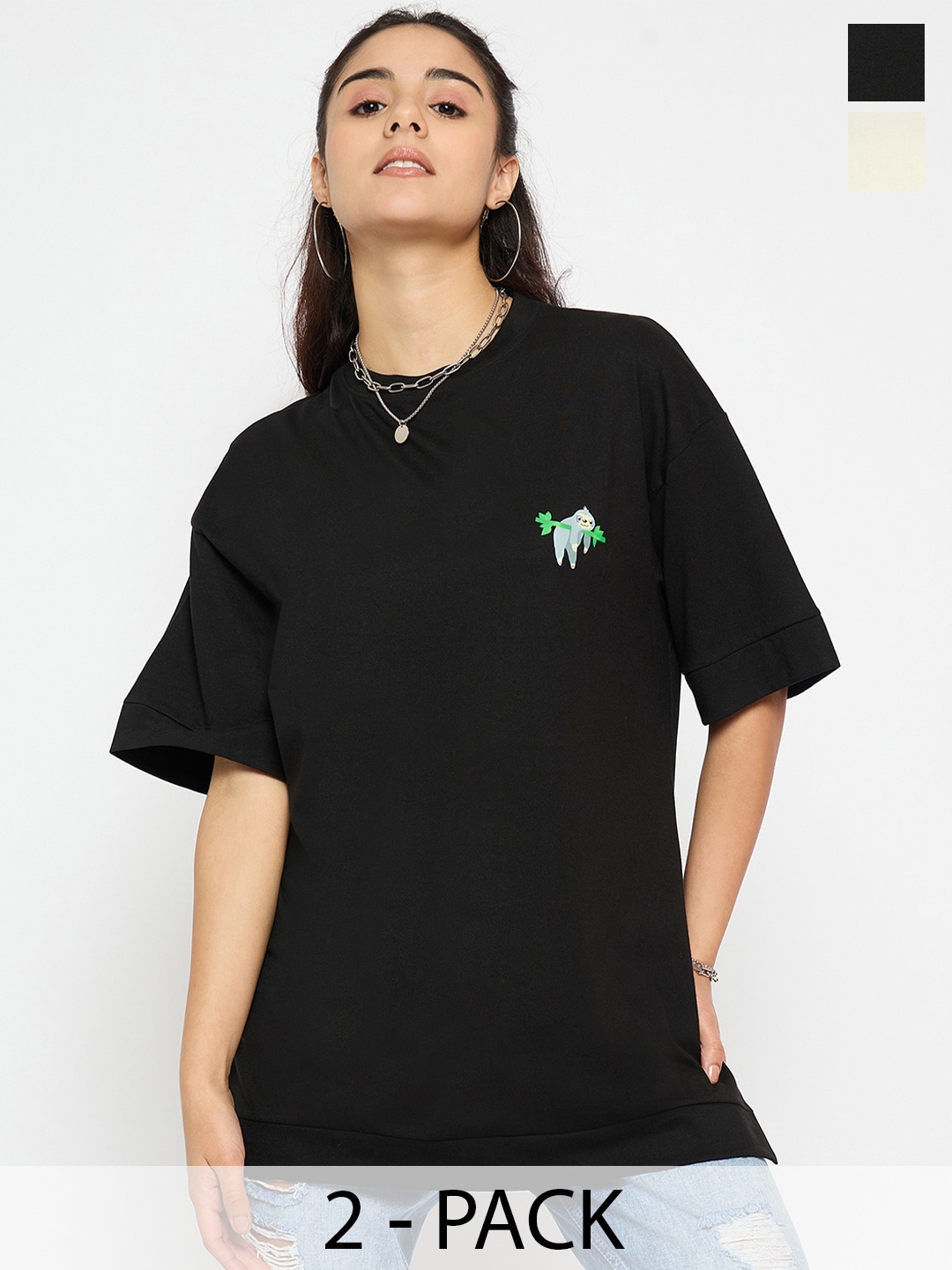 

Skidlers Pack Of 2 Round Neck Drop-Shoulder Sleeves Oversized Cotton T-shirts, Black