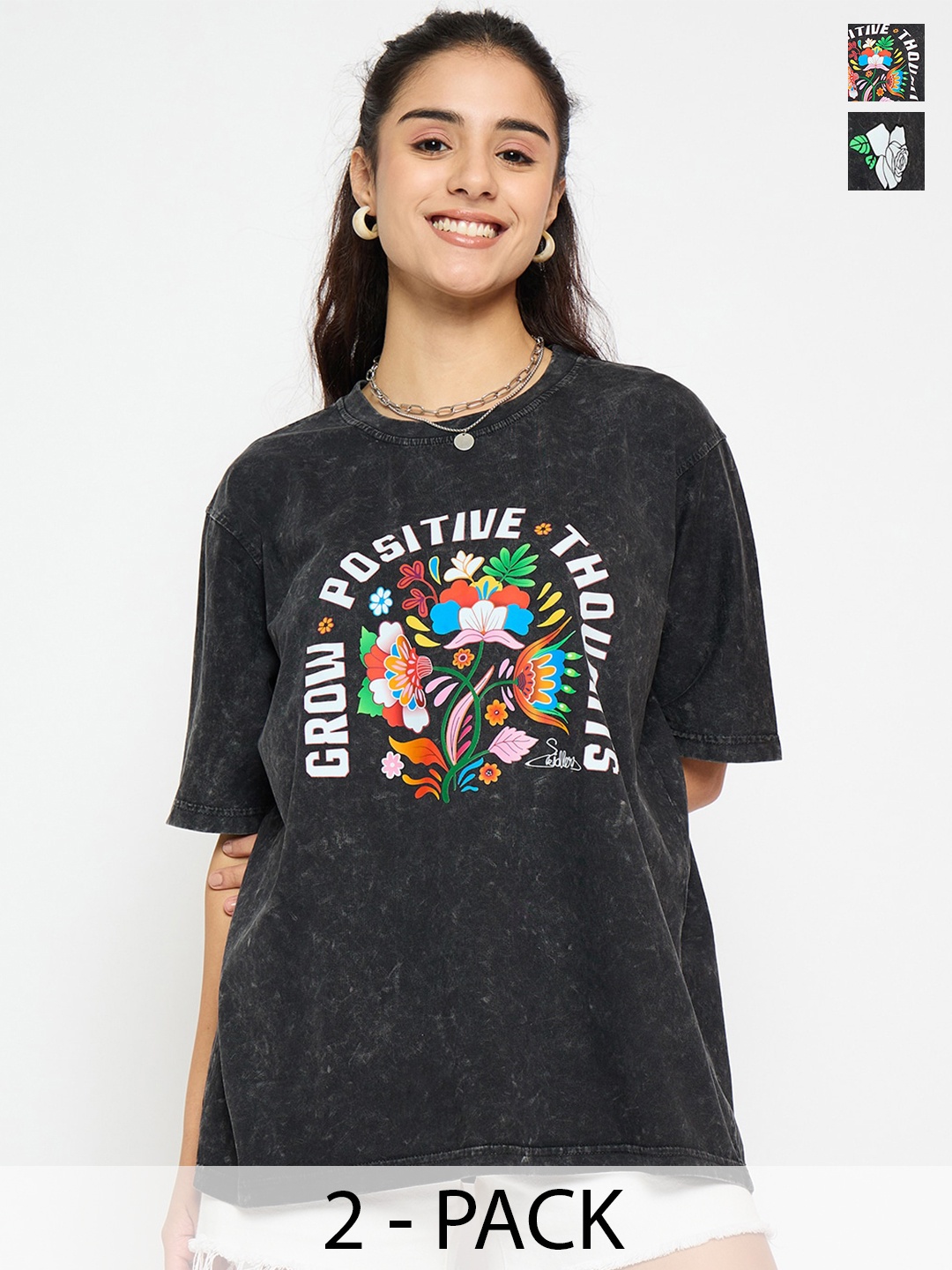 

Skidlers Pack Of 2 Floral Printed Round Neck Oversized Cotton T-shirts, Black