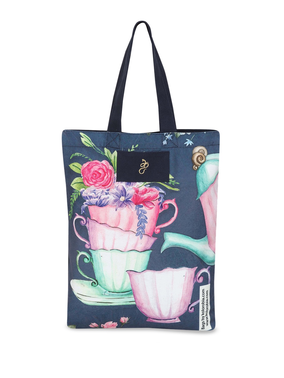 KOLOROBIA Floral Printed Structured Pure Cotton Shopper Bag, Blue