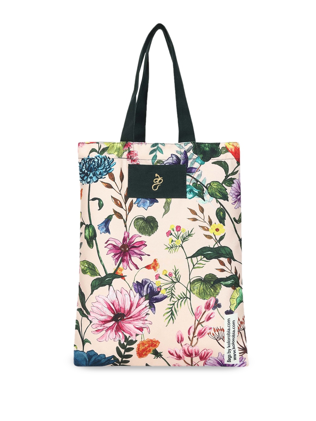 KOLOROBIA Floral Printed Cotton Shopper Tote Bag, Beige