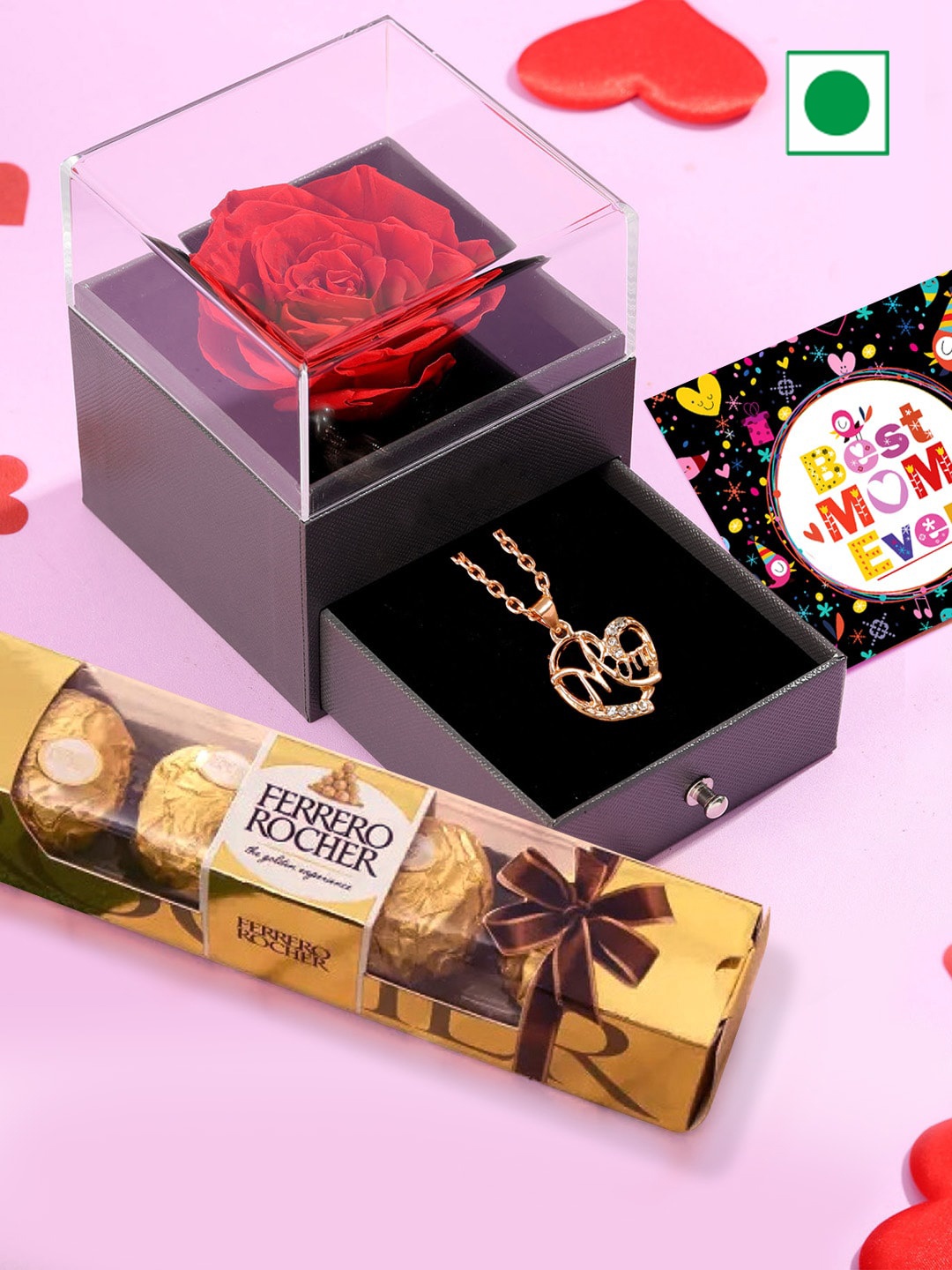 

TIED RIBBONS Mothers Day Pendant With Box Card & Assorted Gifts, Gold