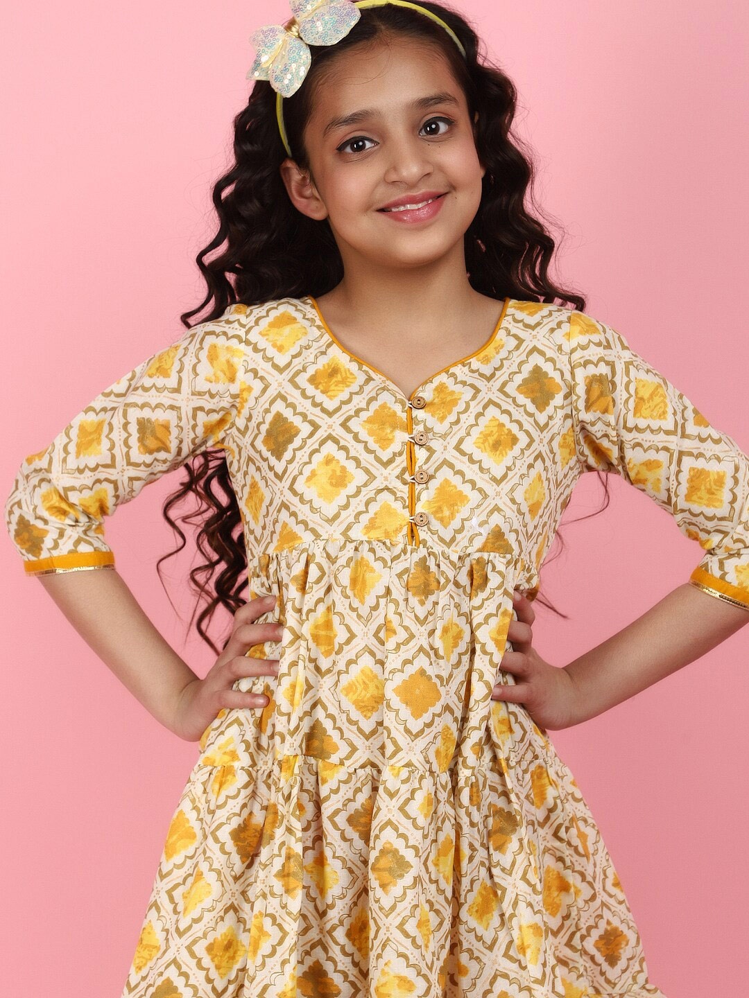 

V-Mart Print Puff Sleeve Fit & Flare Dress, Yellow