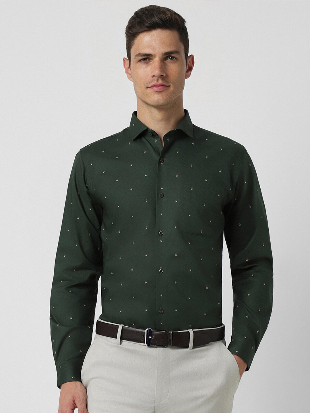 

Peter England Men Slim Fit Opaque Printed Formal Shirt, Green