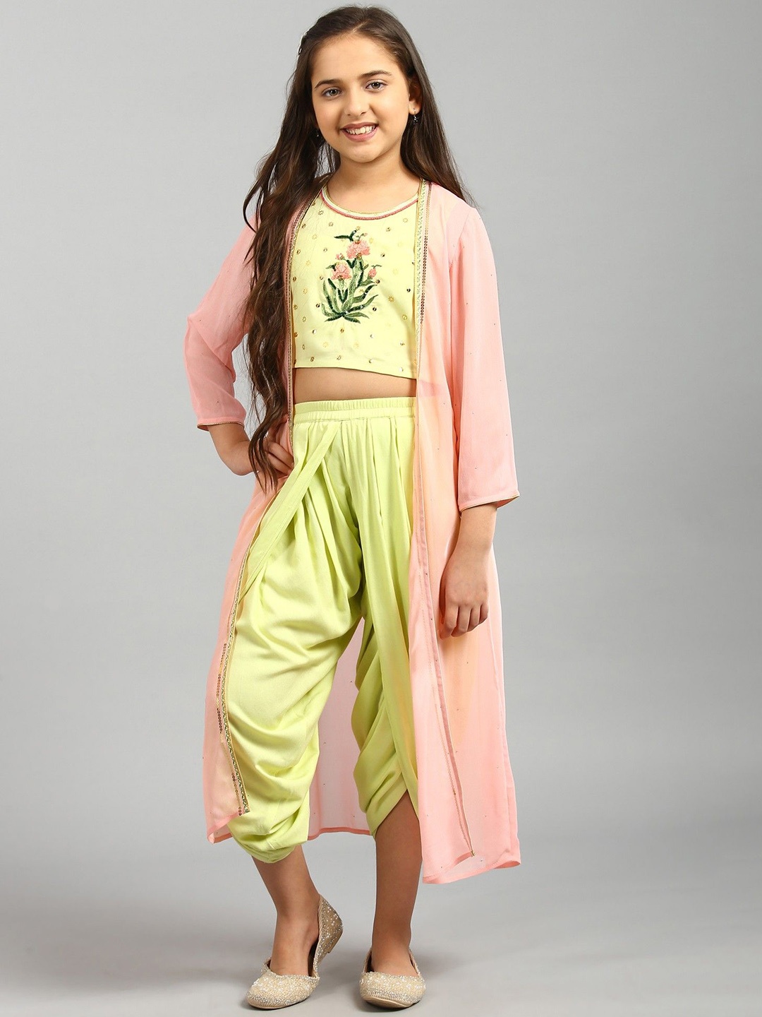 

AURELIA Floral Embellished Top with Dhoti Pants With Shrug, Green