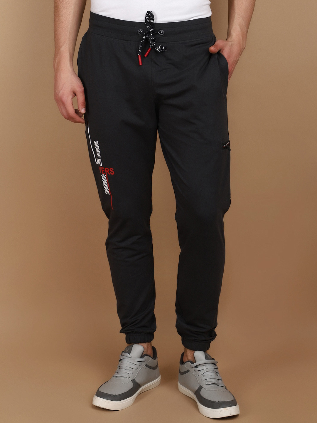 

V-Mart Men Typography Printed Cotton Mid Rise Joggers, Grey