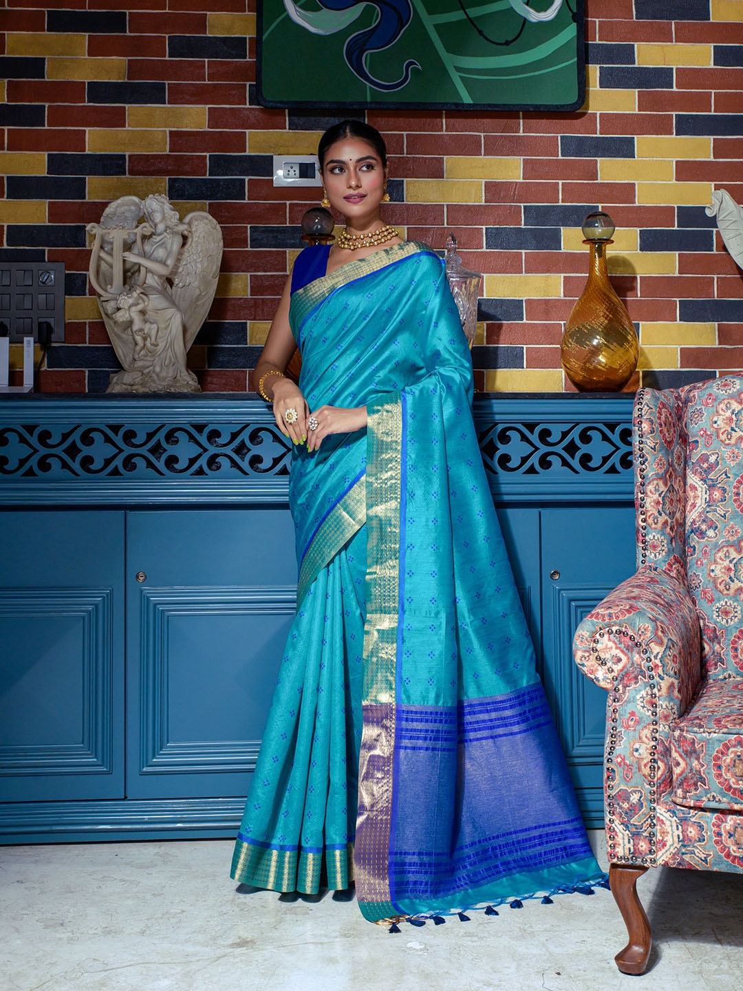 

Anouk Woven Design Designer Banarasi Saree, Teal