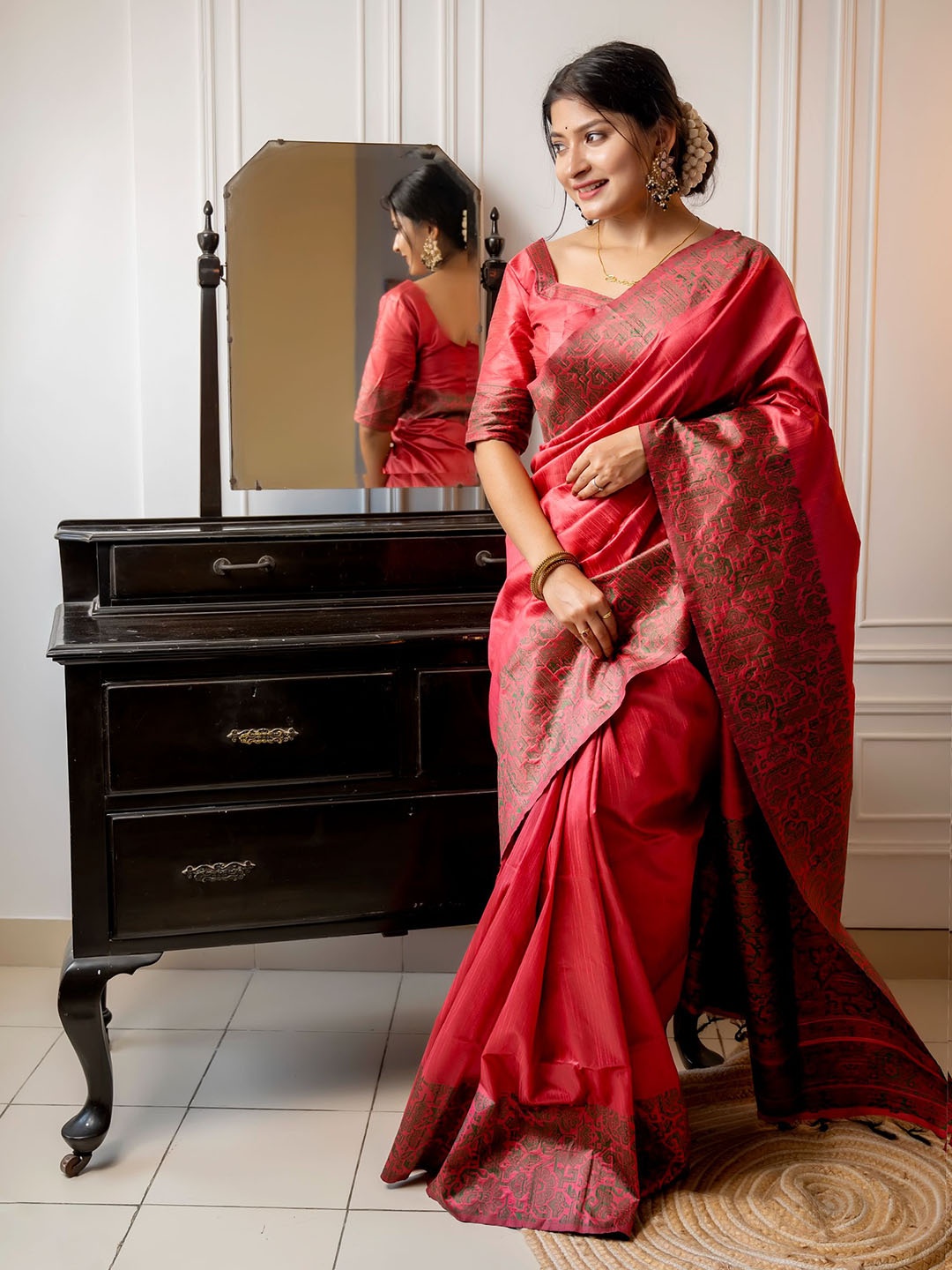 

Anouk Red Ethnic Motifs Woven Design Zari Banarasi Saree