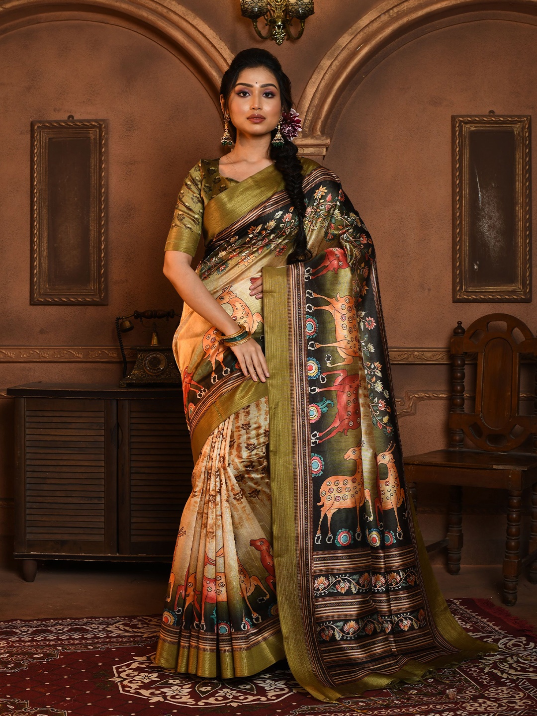 

Anouk Ethnic Motifs Zari Banarasi Saree, Khaki