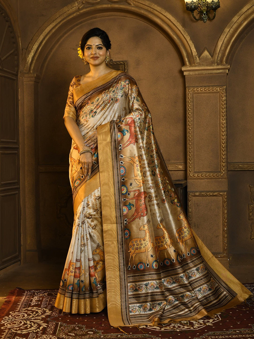 

Anouk Beige Ethnic Motifs Printed Zari Banarasi Saree