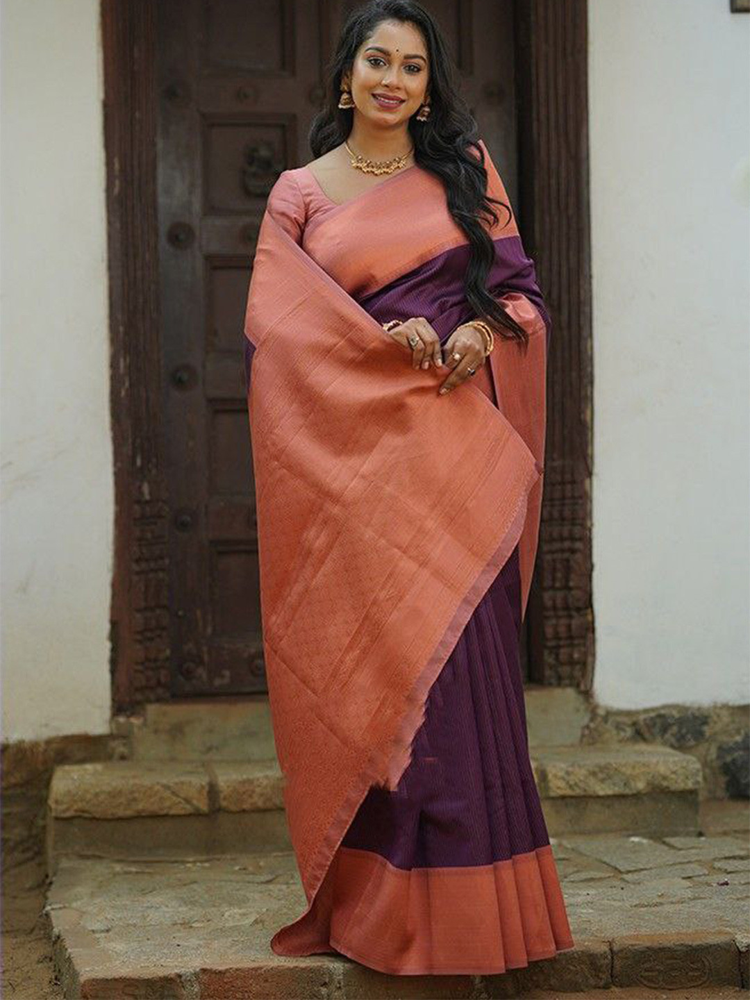 

Naishu Trendz Woven Design Zari Pure Silk Kanjeevaram Saree, Purple