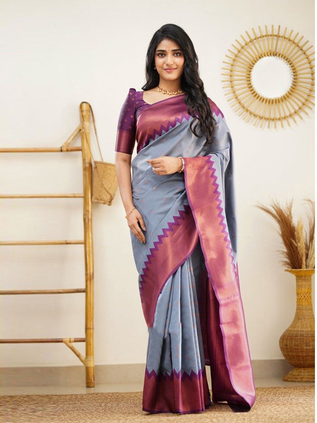 

Naishu Trendz Woven Design Zari Pure Silk Kanjeevaram Saree, Olive