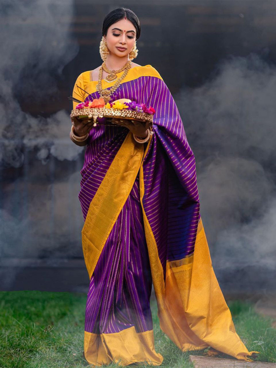 

Naishu Trendz Woven Design Zari Pure Silk Kanjeevaram Saree, Purple